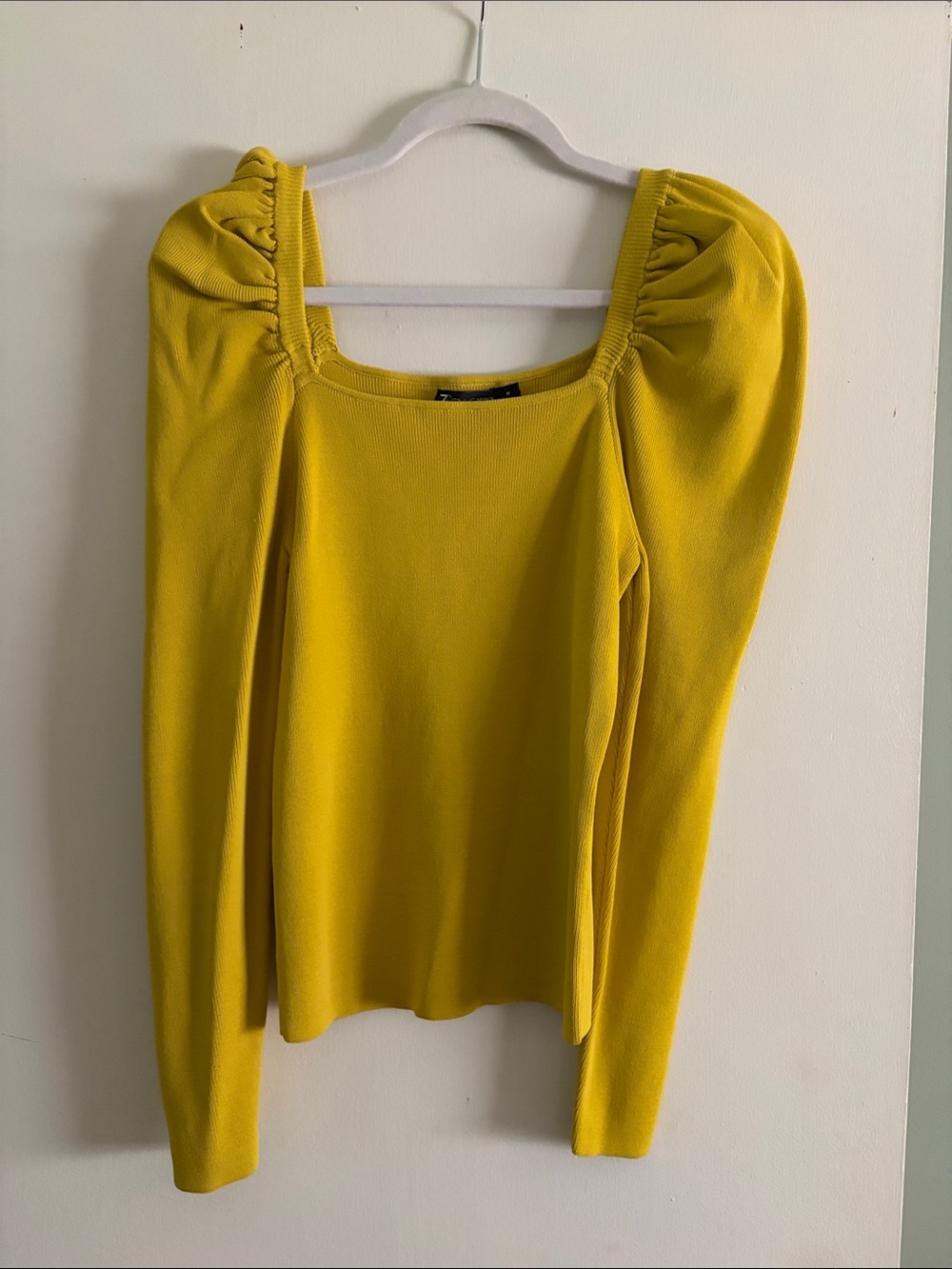 New York & Company Bright Yellow Square-Neck Puff Sleeve Top